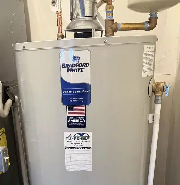 Bradford White water heater installed by Top Shelf Electric Heating & Plumbing for a Denver, CO homeowner