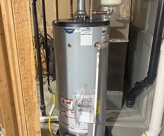 AquaMAX gas water heater installed by Top Shelf Electric Heating & Plumbing in a Denver, CO basement