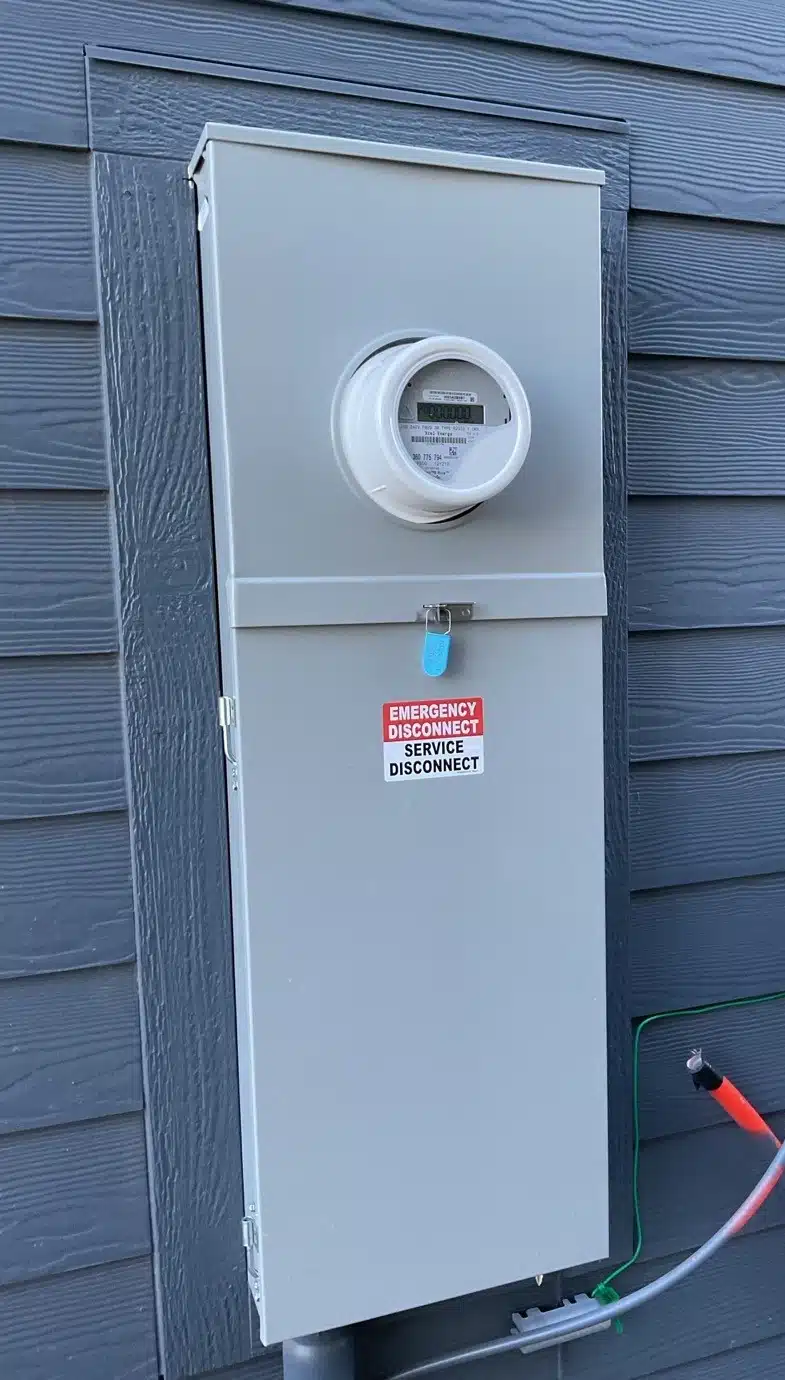 New electrical meter base and service disconnect panel installed on a Denver, CO home exterior by Top Shelf Electric