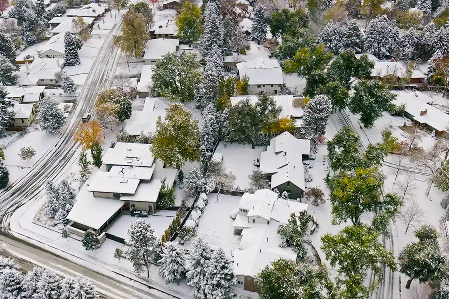 Drone Shot of Snowcapped Houses in Denver, Colorado